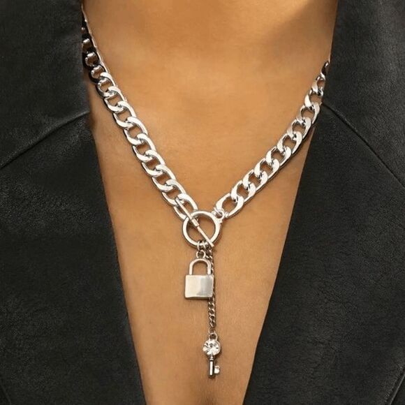 Lock and Key Diamond Silver Chain Necklace - Picture 1 of 3